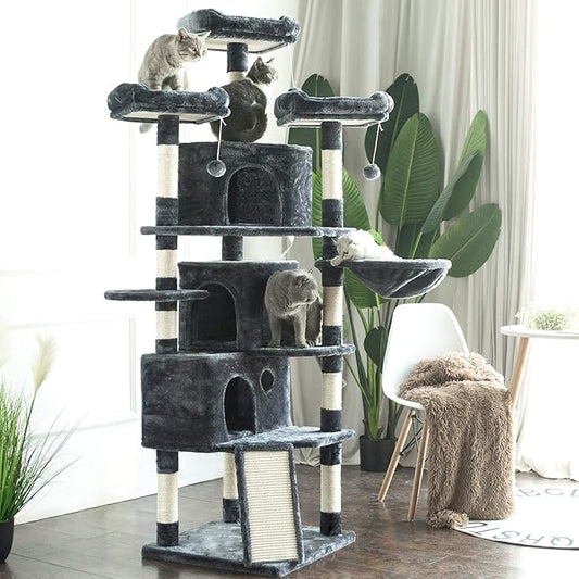 Hey-brother XL Cat Tree, 73.4 inch Cat Tower with 3 Caves, 3 Cozy Perches, Scratching Posts, Board, Activity Center Stable for Kitten/Big Cat, Gray MPJ032G