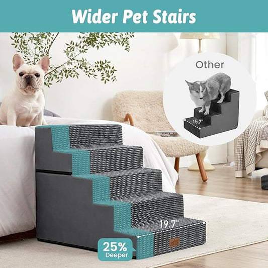Dog Stairs for Small Dogs, 5 Tier Removable Wider Pet Stairs for Couch and Bed, 23.6" H Non-Slip Dog Steps for Puppies and Old Cats with Support Board, 19.7x29.5x23.6 inch, Dark Grey