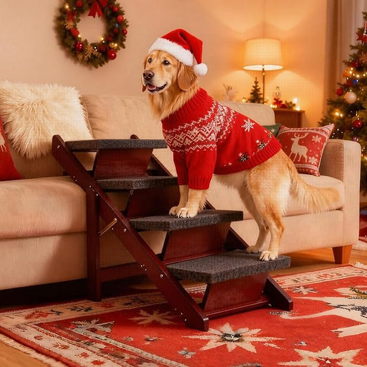 MEWANG Wooden Pet Stairs/Pet Steps - 3-in-1 Foldable Stairs & Ramp for Tall Beds and Cars - Portable Dog/Cat Ladder Up to 220 Pounds - for Small and Older Animals(Brown) (31.5" L x 17.2" W x 25.0" H)