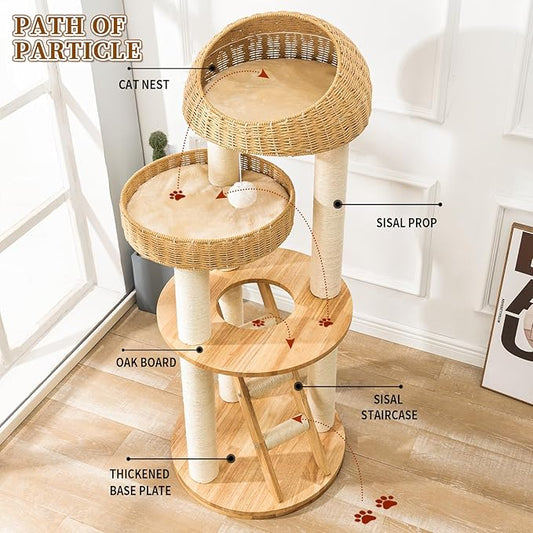Big Modern Design Cat Tree Tower, Cat Tower Sisal-Covered Scratching Posts for Indoor Cats, Natural Oak Wood Cat Tree for Large Cats, Multi-Level Cat Condo with Sisal Staircase