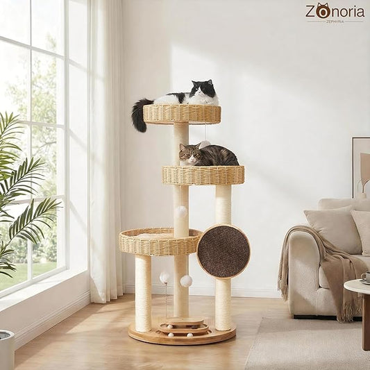 Solid Wood Cat Tree for Large Cats, 48-Inch Modern Cat Tower with Hand-Woven Baskets, Multi-Level Cat Condo with Sisal Scratching Posts, Sturdy Indoor Cat Furniture for Big Cats up to 20lbs
