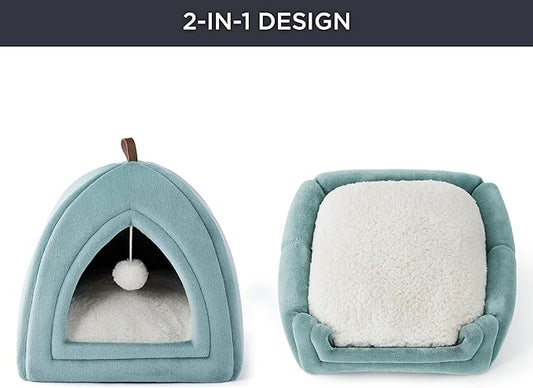 Bedsure Cat Beds for Indoor - 2 in 1 Cat Cave House Tent for Kittens and Small Pets with Removable Washable Cushioned Pillow, Foldable Kitten Hideaway with Non-Slip Bottom, Ocean Blue, 16 inches