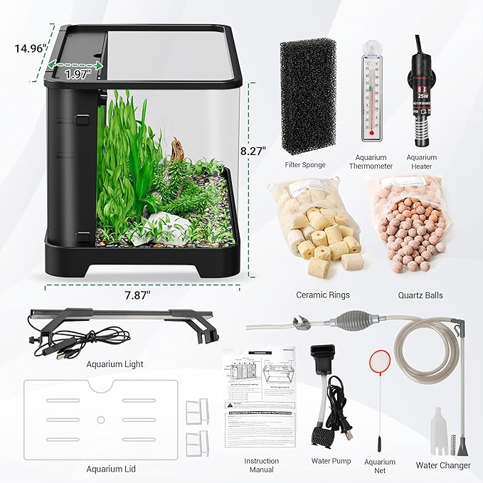 3.5 Gallon Self Cleaning Fish Tank, Aquarium Starter Kit for Betta, Shrimp & Small Fish, Betta Fish Tank with Heater, Thermometer, LED Light, Hidden Multi-stage Filtration System and Water Changer Kit