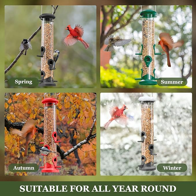 Kingsyard 2 Pack Tube Bird Feeders for Outdoors Hanging, Premium Hard Plastic Bird Feeder with 6 Feeding Ports, Weatherproof & Steel Hanger, Attracting for Wild Birds (Green)