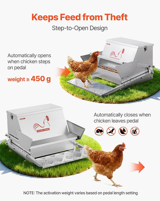 VEVOR Automatic Chicken Feeder, 25 lbs Upgraded Rainproof Treadle Poultry Feeder with Lockable Lid, No Waste, Galvanized Steel Construction, Outdoor Use, for Chicken, Bantams, Poultry, Pheasants