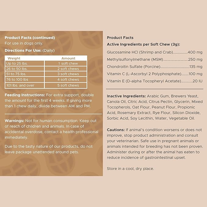 Dog Glucosamine Chews, 90 Count - Hip and Joint Supplement for Dogs - MSM, Chondroitin for Joint and Cartilage Health - Puppies and Seniors, Small and Large Breeds, Peanut Butter Flavor