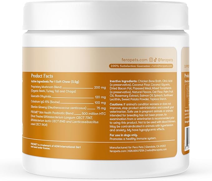 Fera Pets Dog Allergy and Immune Support with Organic Mushrooms, Postbiotics & Colostrum - Promotes Skin & Gut Health - Soothes Seasonal Allergy Symptoms - 30 Soft Chews