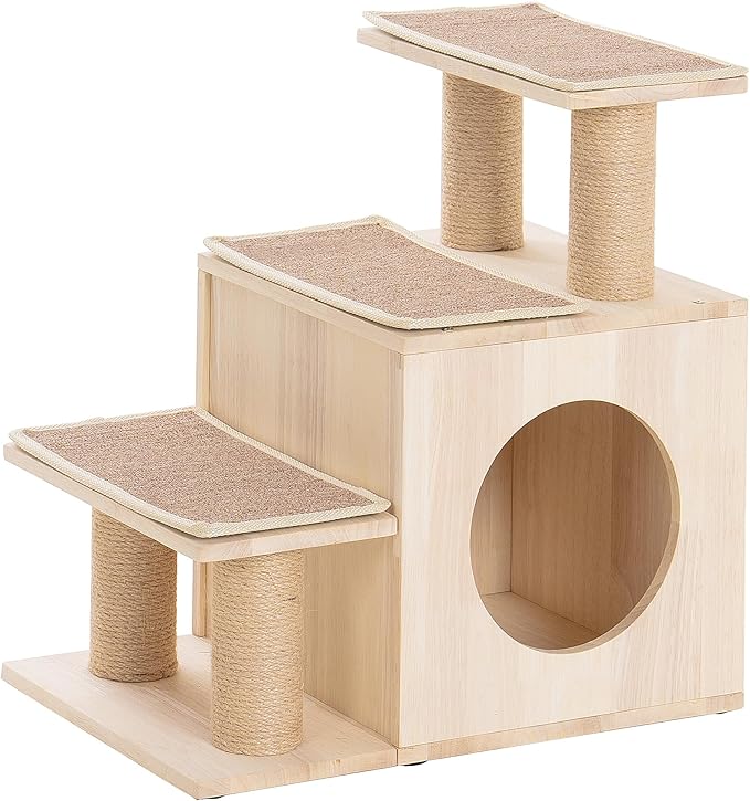 3-in-1 Pet Stairs for Cats, 6.3" Depth Pet Steps for Cat, Wood Cat Stairs for High Bed and Sofa, 1 Condo Cave, Scratching Post, Sturdy Indoor Pet Stairs with Non-Slip Carpet Pads