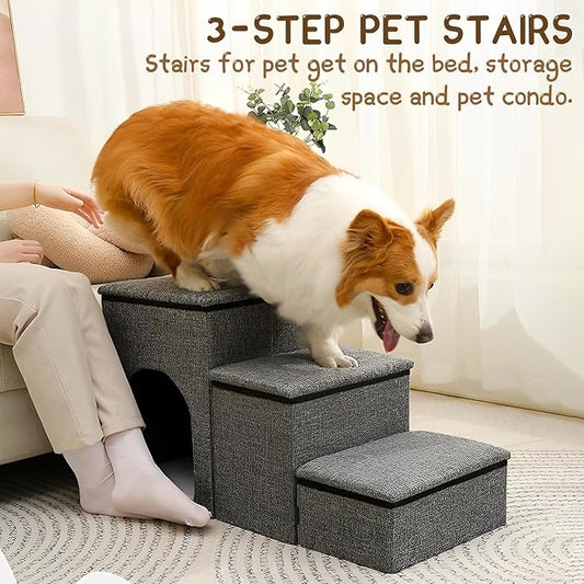 Fhiny Dog Stairs with Storage, 3-Steps Foldable Pet Stairs for Small Dogs Non-Slip Puppy Steps with Condo for High Bed & Couch Dog Ramp for Old Dogs and Cats, Holding up to 160 lbs Pets (Grey)