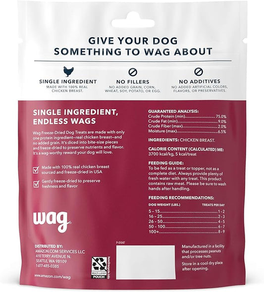 Amazon Brand - WAG Dog Treats Freeze Dried Raw Single Ingredient Chicken Breast, High Protein, Healthy Training Treats or Meal Topper for all Dogs, Grain-Free, 3 Oz (Pack of 1)