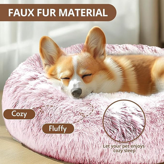 JOLLYVOGUE Small Dog & Cat Beds for Indoor Cats, Donut Cuddler Warming Soft Dog Beds with Anti-Slip Bottom, Round Calming Fluffy Plush Faux Fur Cushion Bed for Small Dogs (23", Smoke Pink)