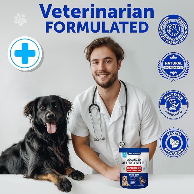 Dog Allergy Relief Chews - Itching Skin Relief for Dogs - Fish Oil - Omega 3 - Seasonal Allergies Pills - Skin & Coat, Anti Itch, Hot Spots Treatment - Canine Immune Health Supplement - 70 Soft Treats