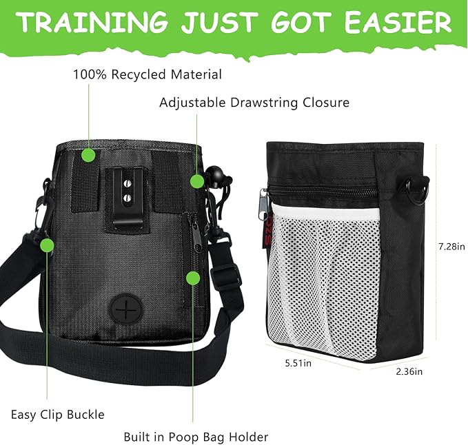 Dog Treat Pouch - 3 Ways to Wear Treat Pouches for Pet Training and 2 Pieces Clicker Taining for Dogs, Dog Training Treat Pouch Bag and Dog Clicker for Training with Waist Belt Shoulder Strap - Black