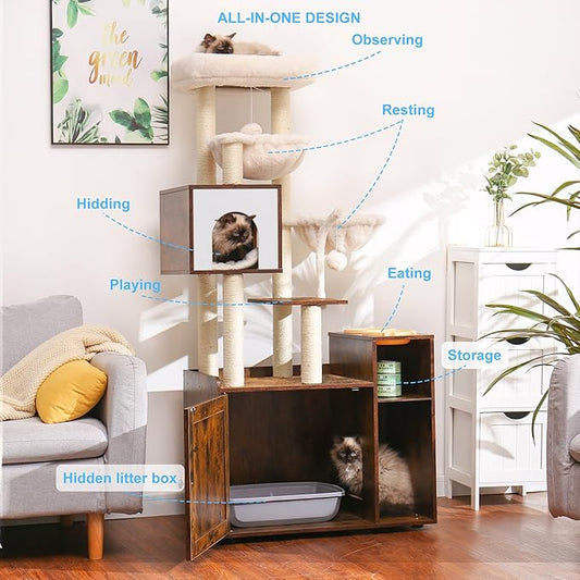Hey-brother Cat Tree with Litter Box Enclosure, Modern Cat Tower for Indoor Cats with Large Platform, Condo Food Station and 2 Hammocks, All-in-one Cat Furniture, Wood Rustic Brown MPJ115SR