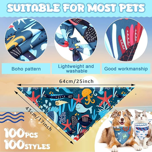Huhumy 100 Pcs Ocean Dog Bandanas Bulk Pet Bibs Colorful Triangle Pet Ocean Scarf Bandanas for Medium Large Dogs Birthday Summer Beach Holiday Costume Decor