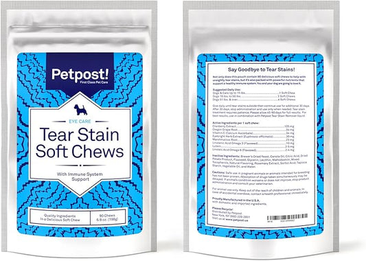 Petpost Tear Stain Remover Soft Chews for Dogs | 90 Count Cheese Flavor Dog Tear Stain Support Supplement | Gentle Eye Care for White Dogs & Light Breeds | Tylosin Free, Made in USA