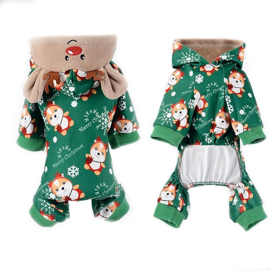DaFuEn Dog Christmas Pajamas Reindeer Costume Puppy Hoodie Sweatshirts Xmas Cute Elk Pet Clothes for Medium Dogs New Year Holiday Winter Warm Cats Jumpsuit Outfits Apparel(Christmas, Small)