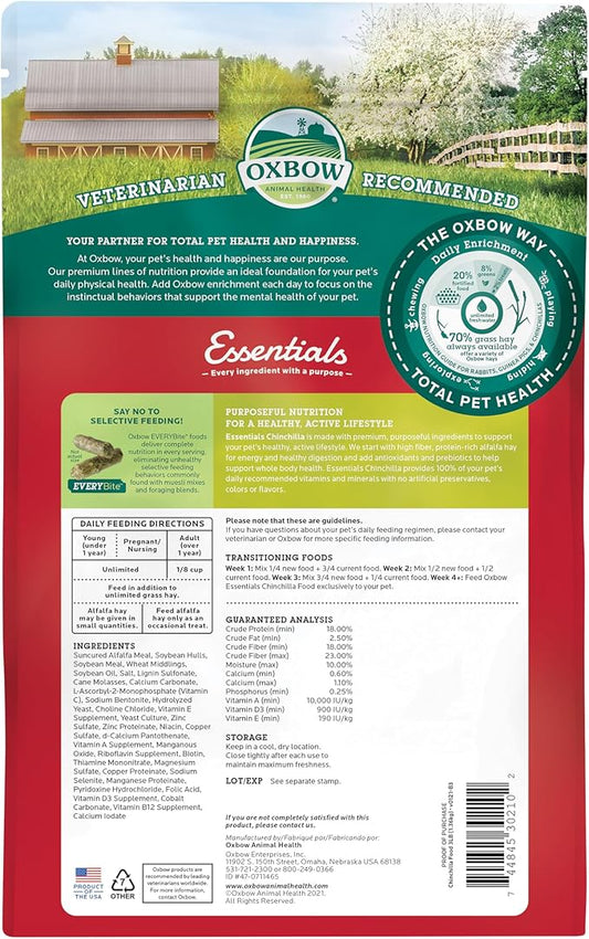 Oxbow Essentials Chinchilla Food, Made with Oxbow Alfalfa, Vitamin & Mineral Rich Food for Chinchillas, Small Animal Pet Pellets, Made in USA, High Fiber, 3 lb Bag