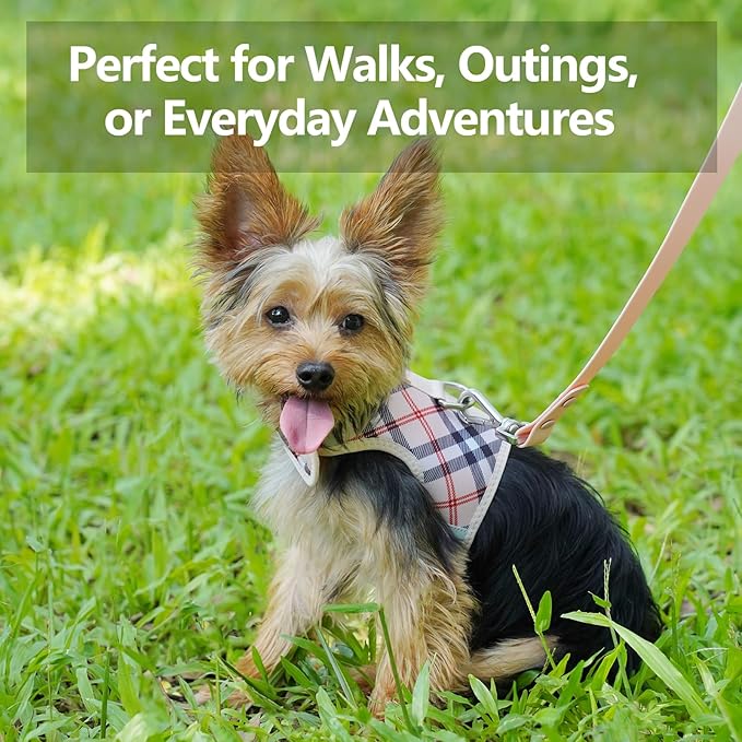 Dog Harness for Small Sized Dog,Hook-and-Loop Easy On/Off, Reflective Adjustable Soft Mesh Vest for Puppy (Checkered Beige,XXS)