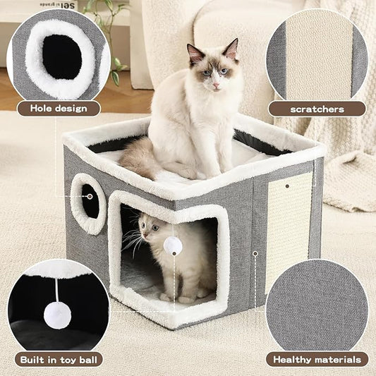 Cat Houses for Indoor Cats - Large Cat Bed Cave with Scratch Pad and Fluffy Ball, Foldable Cat Hideaway, Kitten Bed with Cozy Condo, 16.5x16.5x13 inches, Grey (Grey, Large)