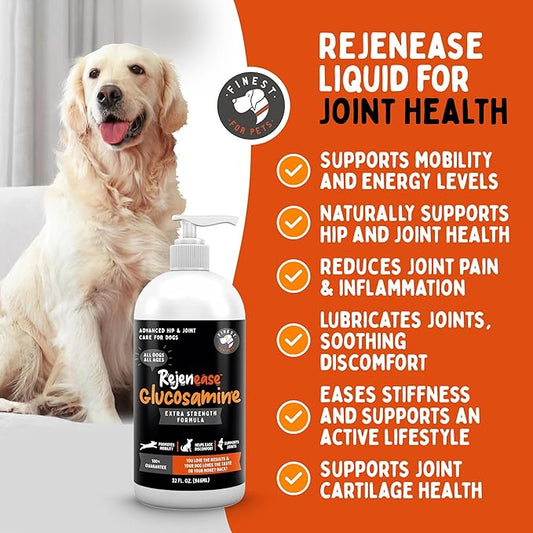 Rejenease Liquid Glucosamine for Dogs with Chondroitin, MSM & Hyaluronic Acid – Finest For Pets Hip & Joint Supplement for Dog Joint Support, Mobility, Stiffness & Pain Relief (32 oz, Made in USA)