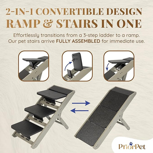 Dog Steps for Bed & Couch 2-in-1 Dog Stairs/Ramp - Height Adjustable Dog Ramp for Couch 7” - 20” - Pet Stairs, Dog Stairs for Small Dogs - Easy to Move Pet Steps with Landing Platform, Gray