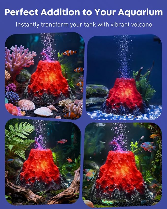 Uniclife Fish Tank Decorations, Realistic Resin Aquarium Volcano Decorations with Colorful LED Air Stone Bubbler, Volcano Bubbler Kit for Fish Tank Decor, Aquarium Decor with Bubbling Effect