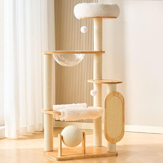 HITTITE Solid Wood Cat Tree Tower with Scratching Post, 53 Inches Tall Cat Towers with Scratching Board and Scratcher Ball, Modern Cat Tower with Space Capsule and Removable Top Bed for Indoor Cats