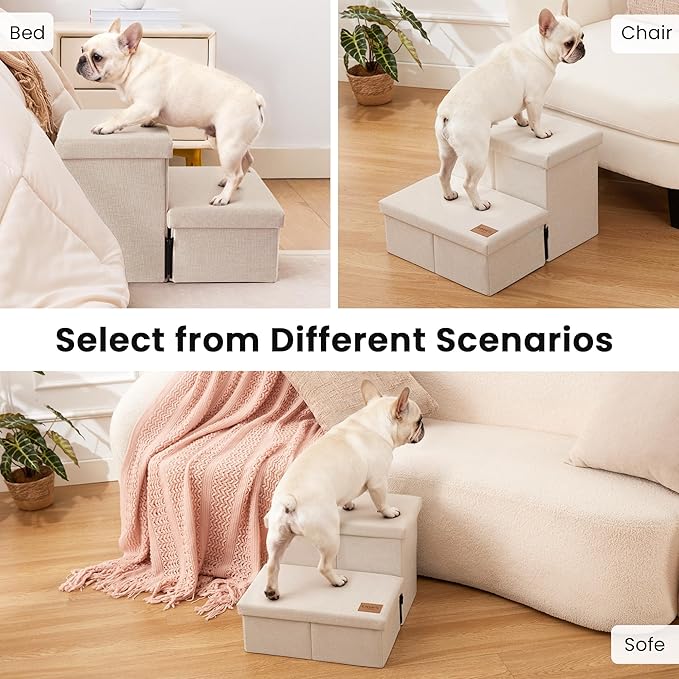 Love's cabin Dog Stairs with Storage 13" H,Foldable Pet Stairs for Small Medium or Large Dogs,Cat Puppy Steps Ramp with Zip up to 150 lbs(Beige,2 Steps no Condo)