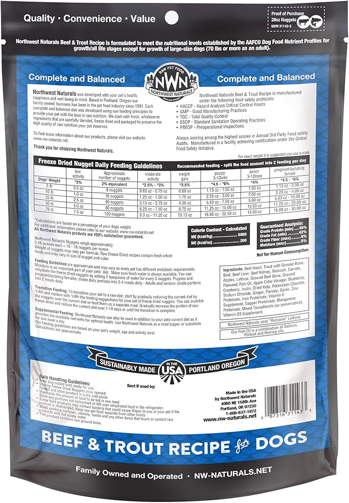 Northwest Naturals Freeze-Dried Beef & Trout Dog Food - Bite-Sized Nuggets - Grain-Free, High-Protein, Raw Diet, Human-Grade Ingredients, All Natural, Omega-3 for Skin & Coat, Made in USA, 25 Oz