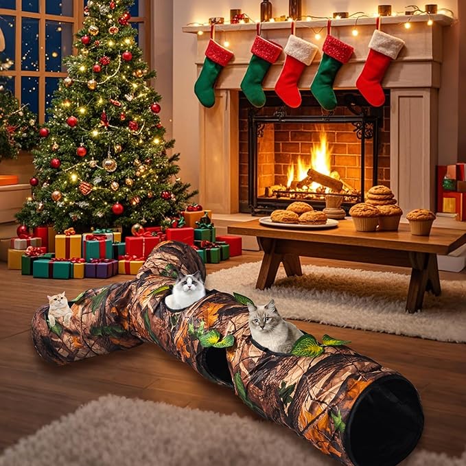 Cat Tunnel,Under Christmas Tree 59" Large Y-Shape Cat Cave with 3 Rustle Channels & Leaves, Portable Cat Bed Toy for Indoor Kittens & Small Pets to Chase and Play, Easy Storage (Brown)