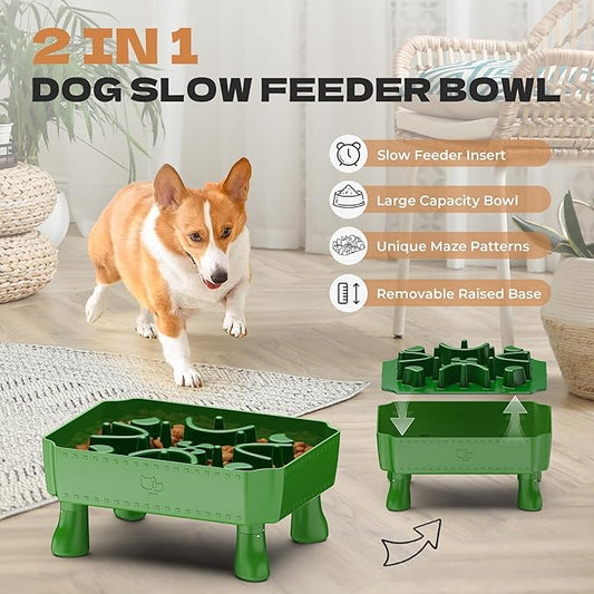 UPSKY Slow Feeder Dog Bowl, 2-in-1 Raised Dog Bowl with Anti-Choking Maze Puzzle, 2-6 Cups Pet Food for Small & Medium Breeds, Interactive Pet Feeder to Slow Eating, Reduce Boredom Fruit Green