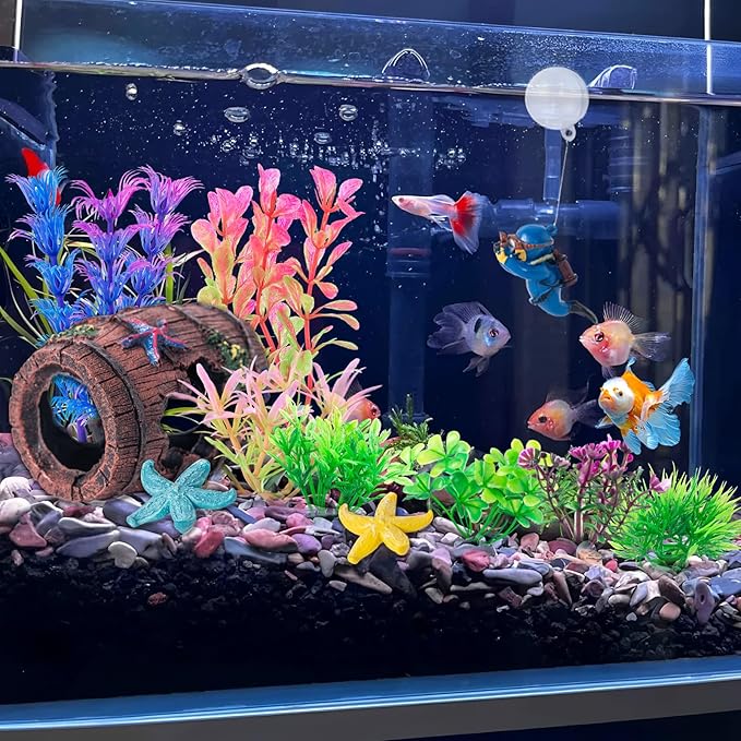 COMSUN 12 PCS Aquarium Decoration Broken Barrel Set, Plastic Aquarium Plants, Resin Floating Diver Fish Tank Decorations & Resin Starfish, Small Fish Tank Ornaments for Pet Fish to Hideout and Rest