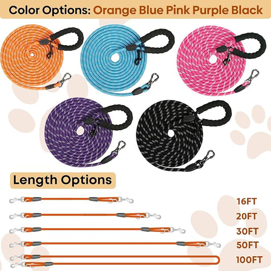 (2 Pack) Long Dog Leash for Dog Training 30FT, Lockable Hook Heavy Duty Dog Lead Tie Out Rope for Large Medium Small Dogs Outside Walking, Playing, Camping, or Yard(Black&Pink)
