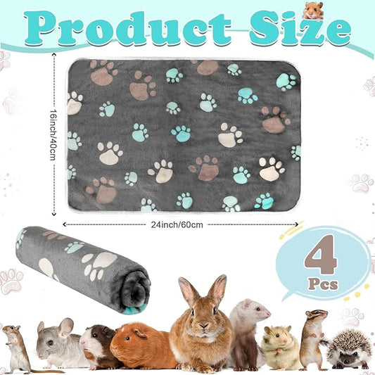 Reginary 4 Pcs Waterproof Guinea Pig Blankets Washable Small Animal Fleece Bedding Guinea Pig Cage Liners Reusable Training Pads Pet Pee Pad Sleep Mat for Hamster(Cute Paw,24 x 16 Inch)