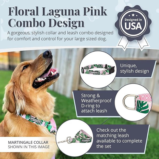 Lucky Love Dog, Tropical Matching Dog Collar & Leash Set, Soft & Comfy, Vivid Pink Color Collar and Leash for Female Male Dogs - (Large, Laguna Combo)