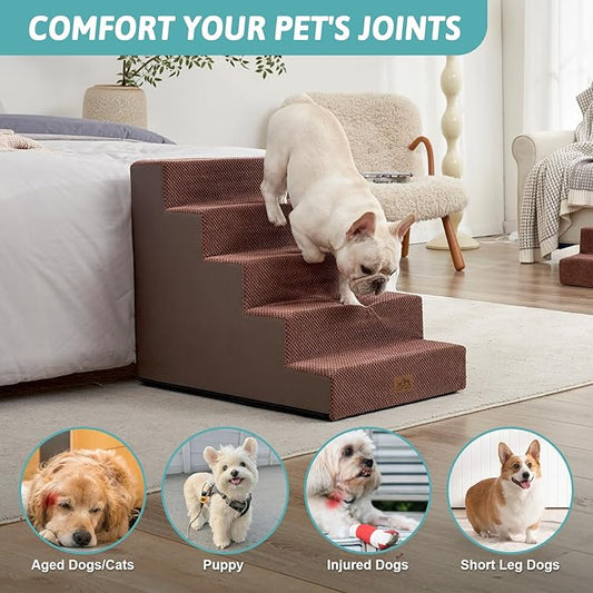 Dog Stairs for Small Dogs, 5 Tier Wider Pet Stairs for High Beds, 23.6" H Non-Slip Dog Steps for Old Cats, Puppies, Small Medium Dogs, 19.7x29.5x23.6 inch, Brown