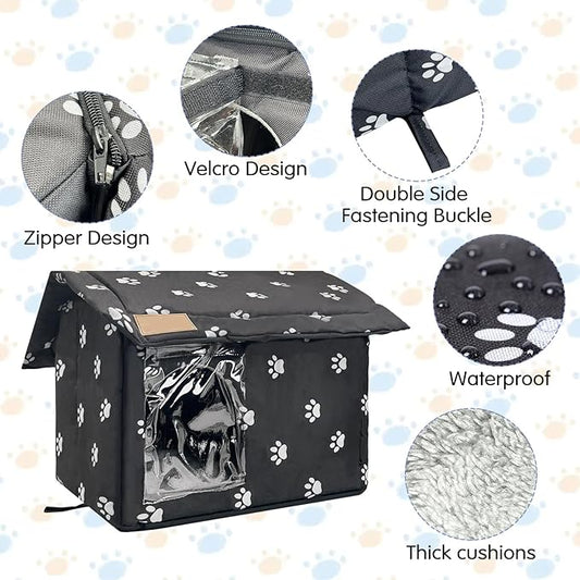 Fhiny Stray Cats Shelter, Waterproof Outdoor Cat House Foldable Warm Pet Cave for Winter Wild Animal Tent Bed Anti-Slip Kitten Cave for Feral Cat Dog Puppy Weatherproof Black (S:13.4"×11.8"×13.7")