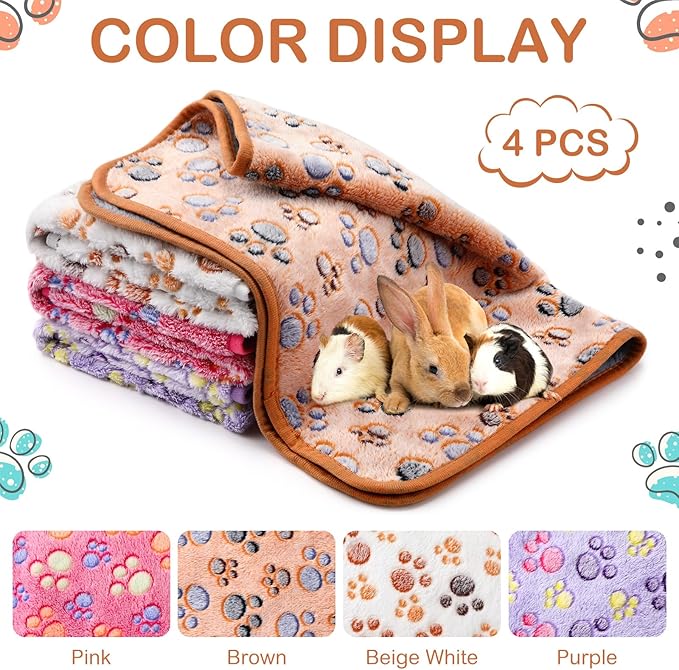 Reginary 4 Pcs Waterproof Guinea Pig Blankets Washable Small Animal Fleece Bedding Guinea Pig Cage Liners Reusable Training Pads Pet Pee Pad Sleep Mat for Hamster(Paw Print,28 x 14 Inch)