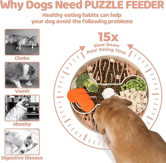 Puzzle Feeder Slow Feeder Dog Bowl for Large Dogs with Non-Slip Base - Adjustable Speed Design, Removable Puzzle Inserts & Dishwasher Safe, Pink