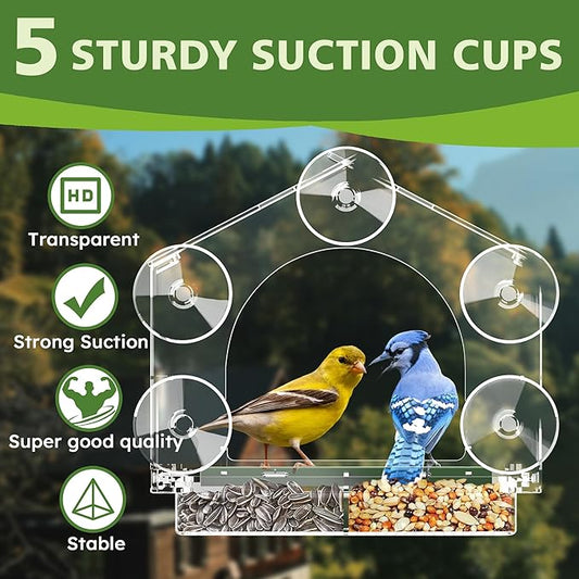 Window Bird Feeder with 5 Extra Strong Suction Cups, Clear Birdfeeders for Outdoors, Sturdy and Durable Bird House for Window Viewing Outside,Garden Decor Gifts for Bird Lover