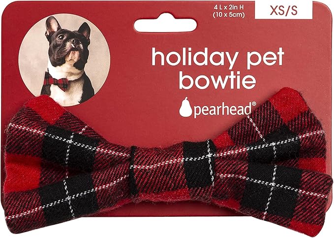 Pearhead Holiday Dog Bowtie – Red Plaid Christmas Pet Bow, Slide On Collar Accessory, Seasonal Dog Apparel, Perfect Stocking Stuffer, XS/S Small Breed