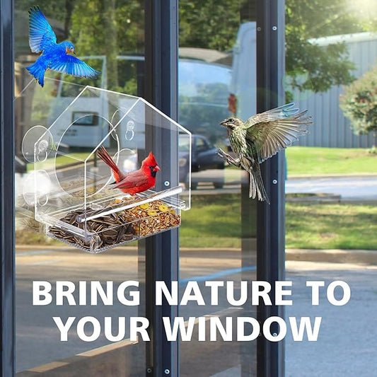 Window Bird Feeder with 4 Extra Strong Suction Cups,Clear Birdhouse Window for Outdoors, Transparent Birdfeeder for Viewing Wild Bird Outside, Birds Watching Gift for Elderly,Kids, and Garden Decor