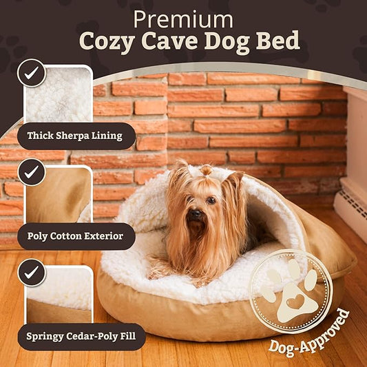 Snoozer Cozy Cave Dog Bed - Indoor Dog Bed with Cover Cave, Covered Calming Burrow for Medium & Large Sized Pets with Blanket Attached, Enclosed, Removable Washable Cover - XL, Camel