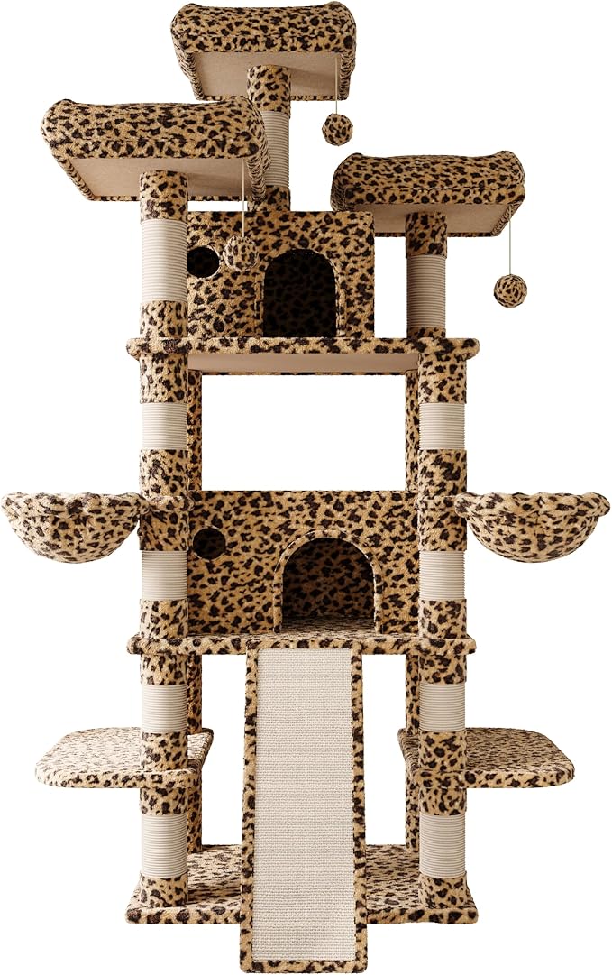 SHA CERLIN 81 Inches Extra Large Cat Tree for Indoor Adult Cats/XXL Big Cat Tower with Condo/Cozy Perches/Sisal Scratching Posts and Hammocks/Activity Center/F80/Heavy Duty/Leopard Print