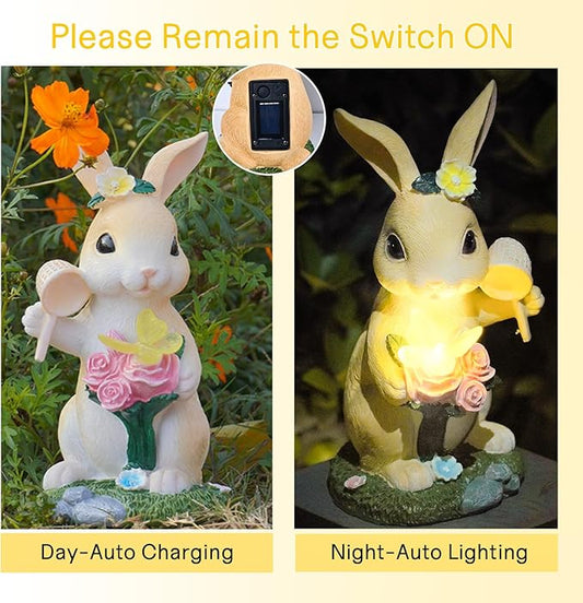 NYUWOAURC Garden Statues Rabbit with Solar Light,Bunny Outdoor Garden Decor Ornaments for Patio Yard Art,Birthday Easter House Warming Garden Gift for Women Mom,Resin Animal Figurine with Wider Base