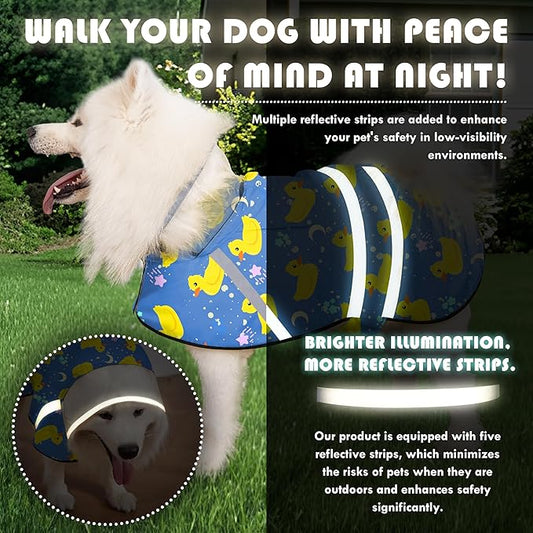 Dog Raincoat, Adjustable Rain Jacket with Hooded Double Layer for Large Medium Small Dogs Puppies, Lightweight Waterproof Rain Coat Poncho with Reflective Stripe Duck Blue,S