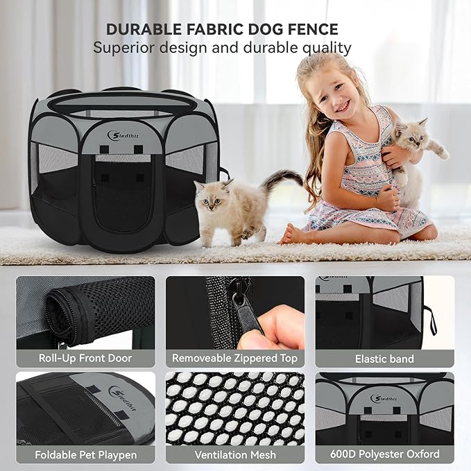 Dark Grey Dog Cat Playpen, Puppy Pet Playpen, Small Dogs Tent Crates Cage Indoor/Outdoor, Portable Pop Up Dog Kennel Playpen with Carrying Case for Dogs/Cats/Rabbits