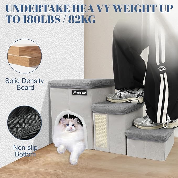 Dog Stairs for Bed Couch Folding with Storage, Dog Stairs for Small Dogs to Get On Bed with Cat Condo, Steps for Large Medium Dogs, Old Cat Pet Stair Steps for High Beds 17.2" H, Pet Ramp Up to 220LBS