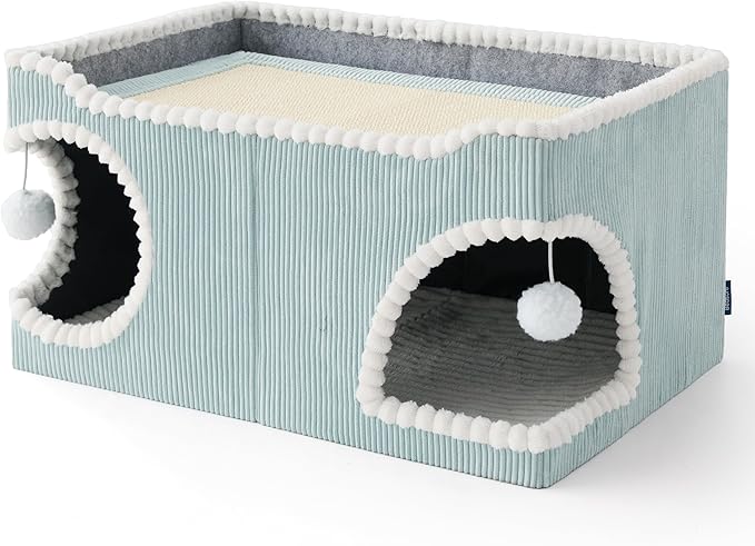 Bedsure Large Cat Beds for Indoor Cats - Extra Wide Cat House with Scratch Removable Top Sisal Pad for Multi Cats, Foldable Cave Hideaway for Entertainment, 23.6x15.9x12.6inches, Blue